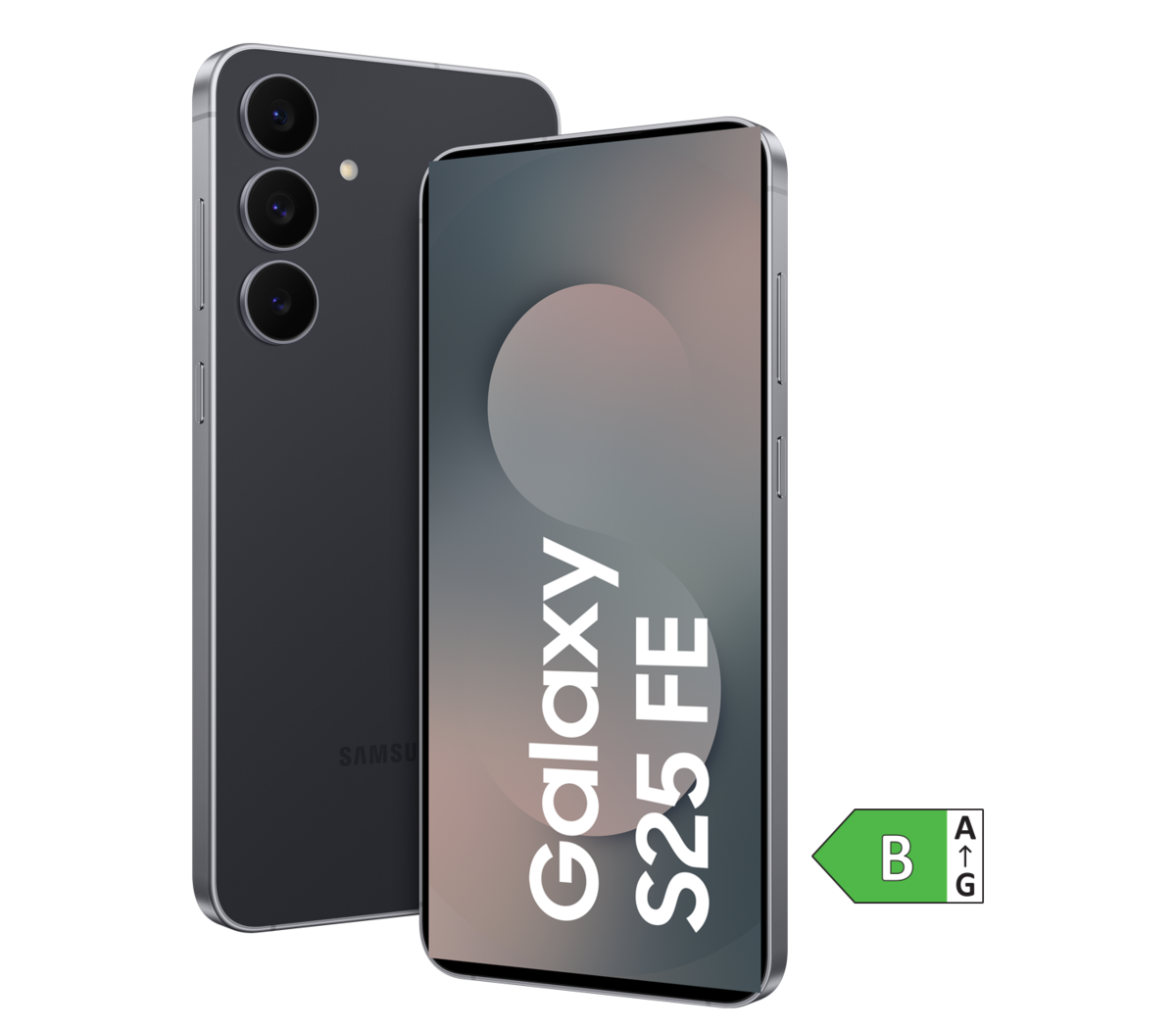 Eine Front- und Rückansicht des Samsung Galaxy S 25 FE in schwarz