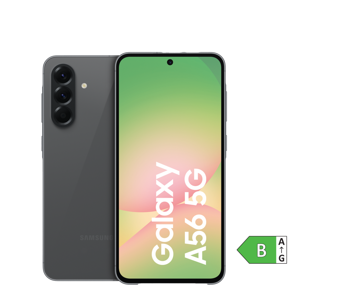 Vorder- und Rückansicht eines Samsung Galaxy A 56 Smartphone mit grünem Energielabel der Klasse B