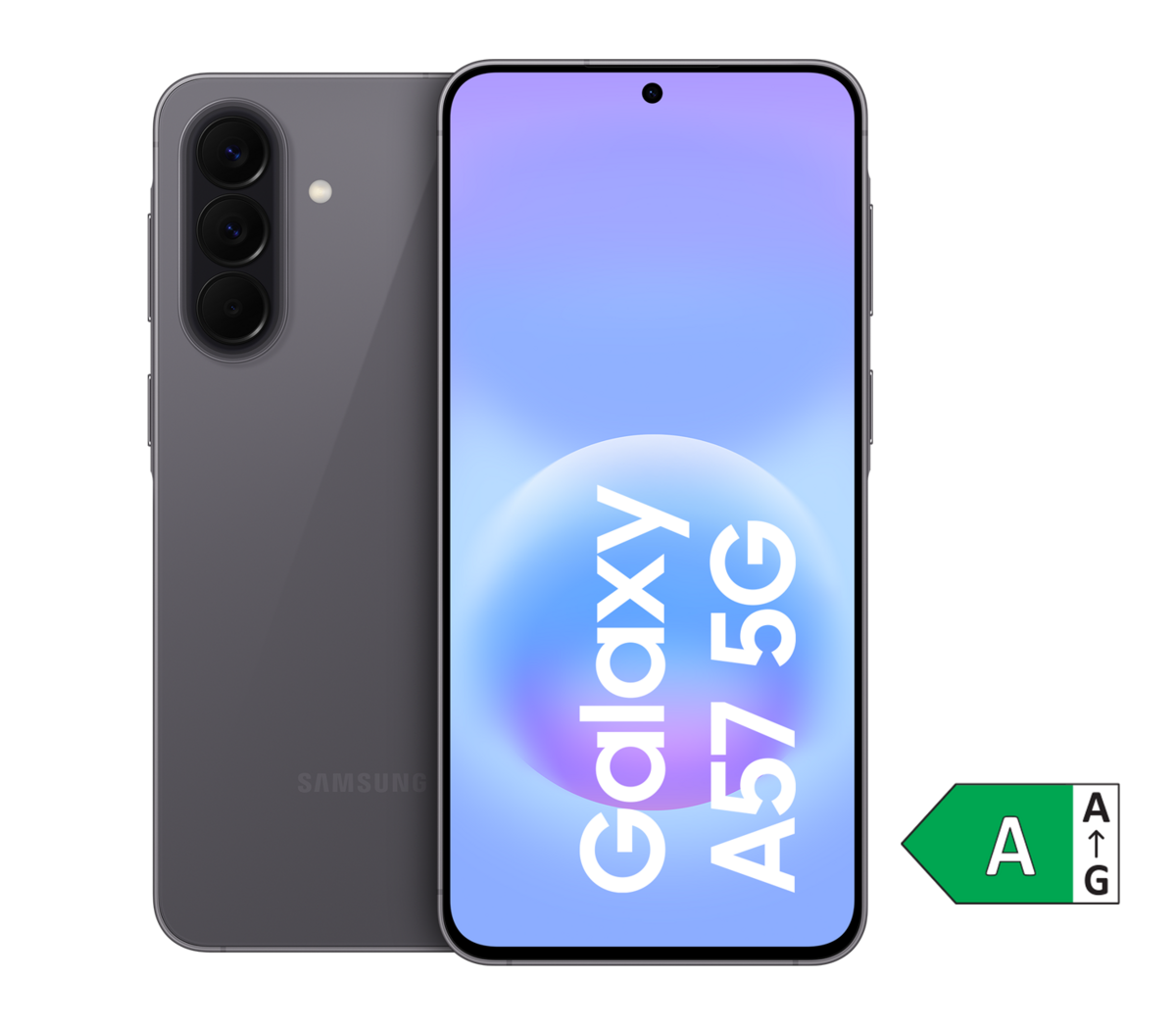 Eine Front- und Rückansicht des Samsung galaxy A57 in awesome grey mit einem grünen Energielabel der Klasse A