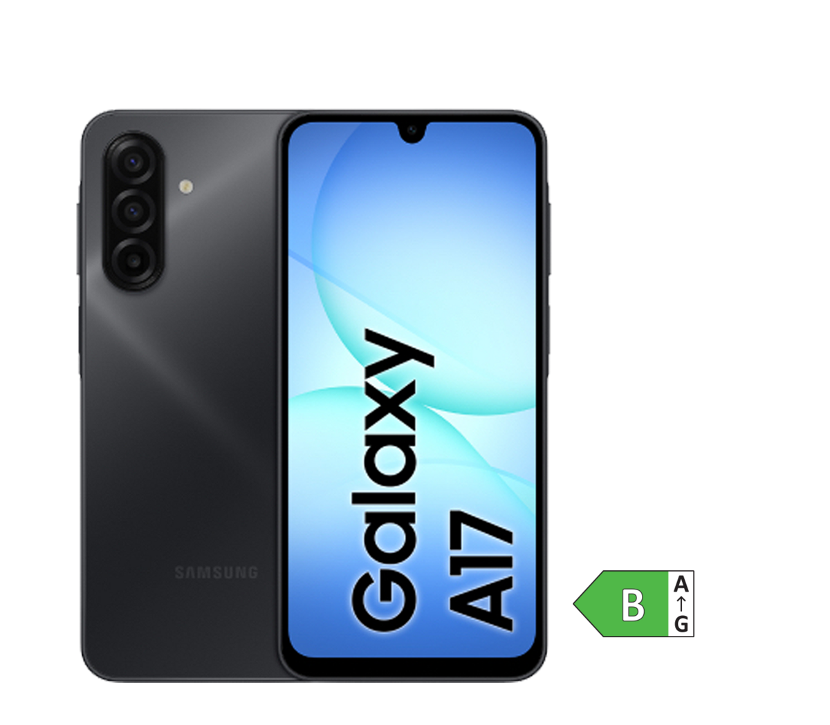 Eine Front- und Rückansicht des Samsung galaxy A17 5g in der farbe Schwarz