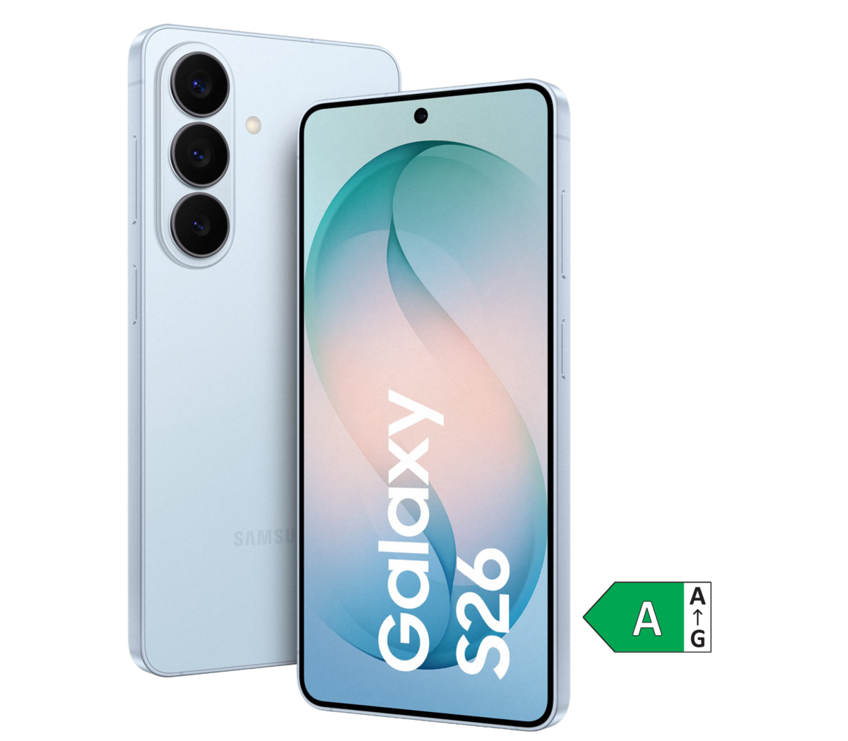 Eine Front- und Rückansicht des Samsung Galaxy S 26 in hellblau
