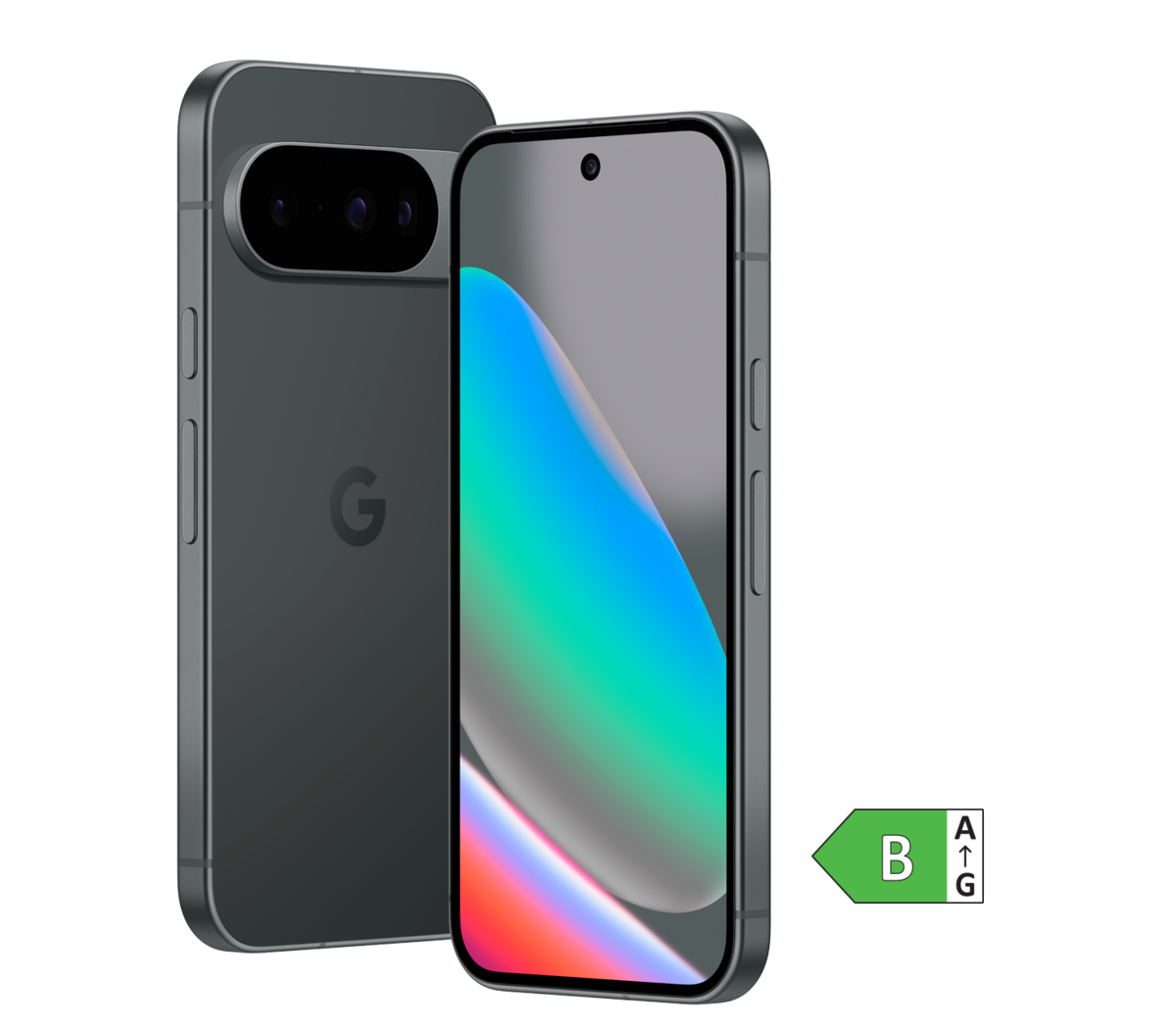 Eine vorder-und Rückansicht des Google Pixel 10 in der farbe Obsidian Black. Daneben ein grüner Energieeffizienz-Pfeil der Klasse B.
