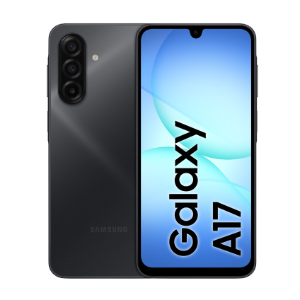 Eine Vorder- und Rückansicht des Samsung Galaxy A17 5G in der Farbe Schwarz